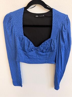 Zara Royal Blue Black Dot Sweetheart Crop Top